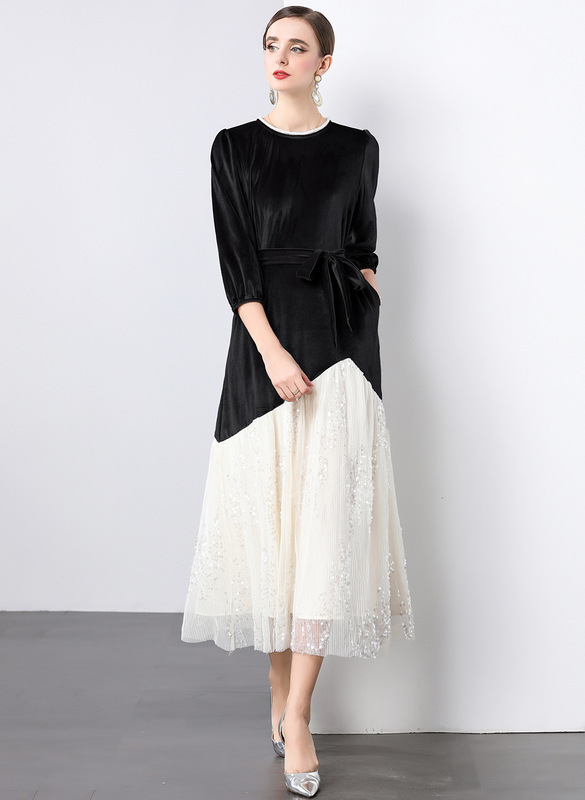 Hepburn style sequin mesh stitching velvet dress women's clothing 2024 autumn and winter new French socialite temperament dress