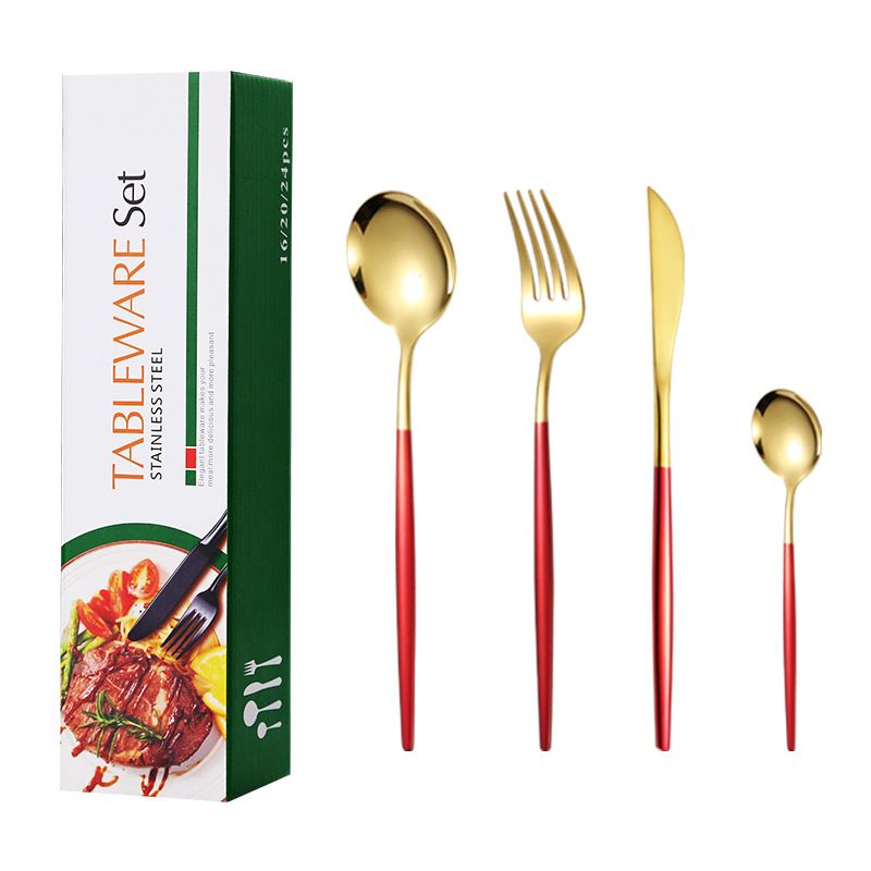 Vajilla de acero inoxidable transfronterizo Amazon 16 piezas conjunto tenedor y cuchara comida occidental Portugal cuatro piezas conjunto cuchillo, tenedor y cuchara traje regalo