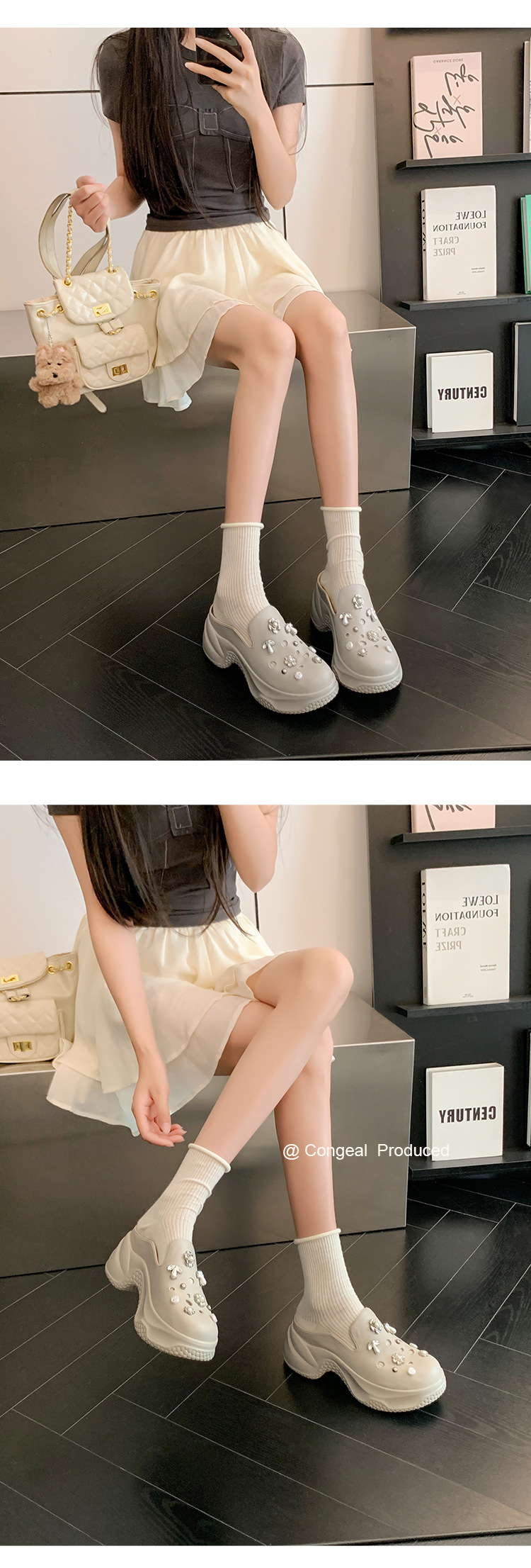 Dép lê bít mũi độn cao da thật 7cm cho nữ, phong cách sandal lỗ xốp mùa hè, đính ngọc trai đinh tán — Màu trắng, Màu xám chi tiết 26