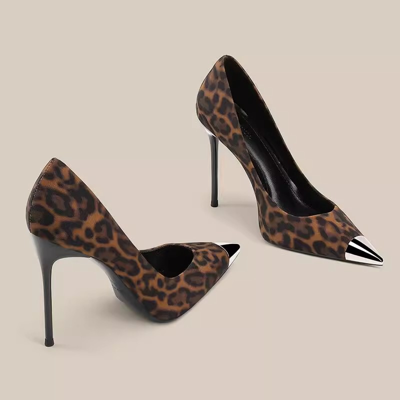 2025 New Niche Design Sense Metal Iron Head Leopard Pointed High Heels Shallow 10cm Stiletto Heel Shoes Women