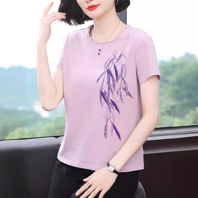 Short-sleeved T-shirt Female Mother's Shirt 2024 Summer New Style Cotton Loose T-shirt Middle-aged and Elderly Women's Printed Top Trendy