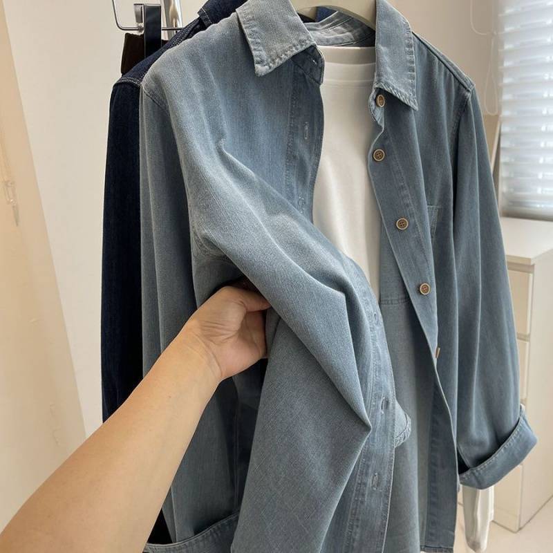 Shades of Two-color Denim Shirt Women's Summer New Retro All-match Slim-fit Stacked Long-sleeved Shirt Casual Jacket Trendy