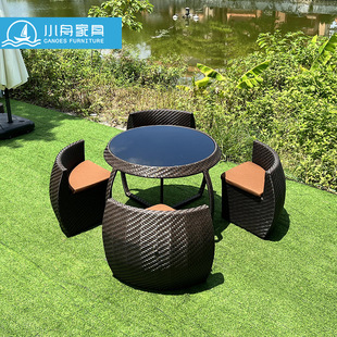 Outdoor Villa B&B Creative Splicing Storage Rattan Table and Chair Combination Outdoor Garden Courtyard Waterproof Sun Protection Rattan Chair