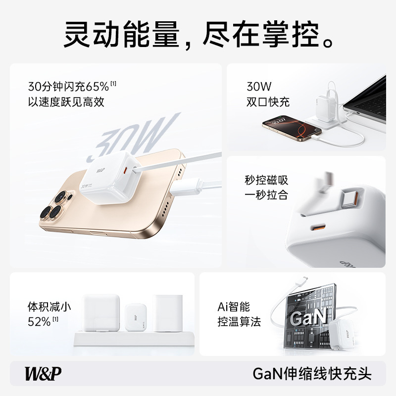 W&P充电器氮化镓30W带伸缩线充电头type-c插头PD快充抽拉适用苹果|undefined