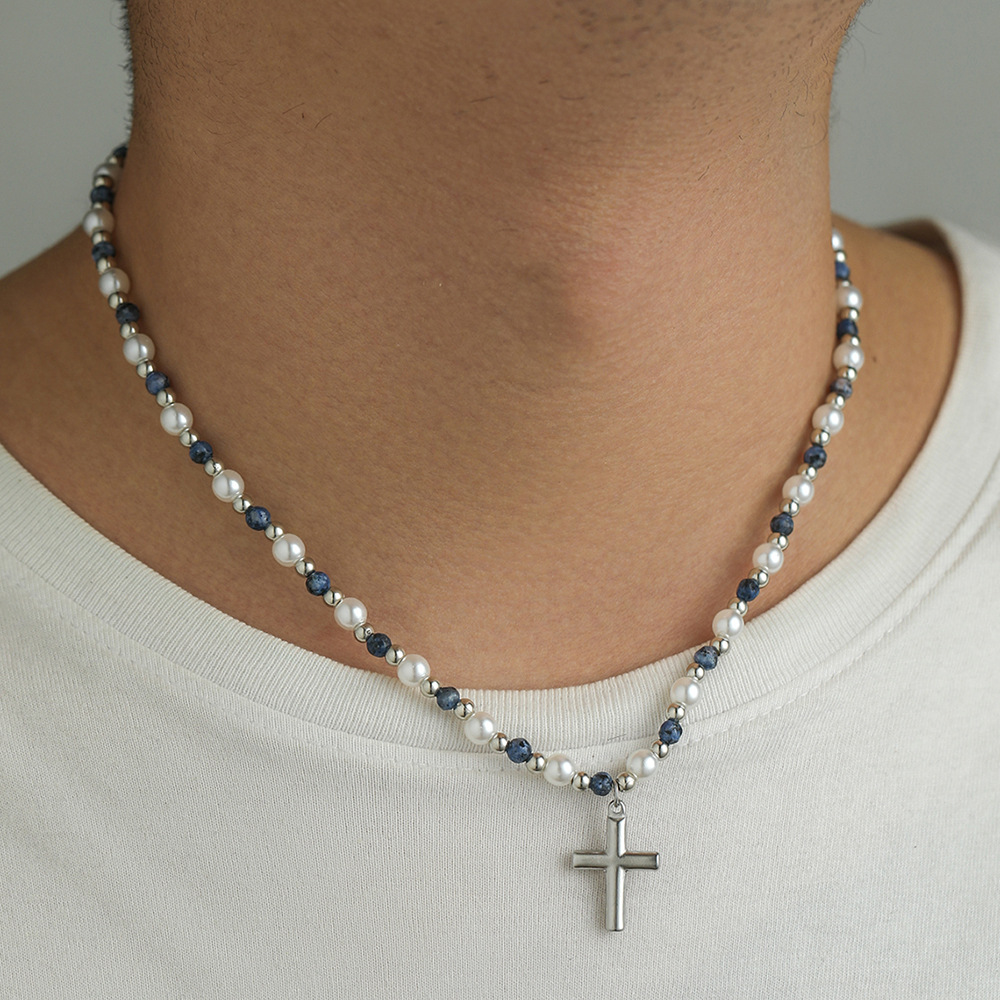 Collier pendentif croix pour homme, orné de perles et de pierres, fait main, très tendance._voghion.com