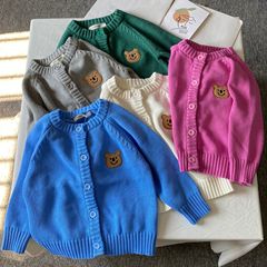 兒童秋冬季針織開衫男女寶寶中小童外套純色卡通小熊洋氣代發