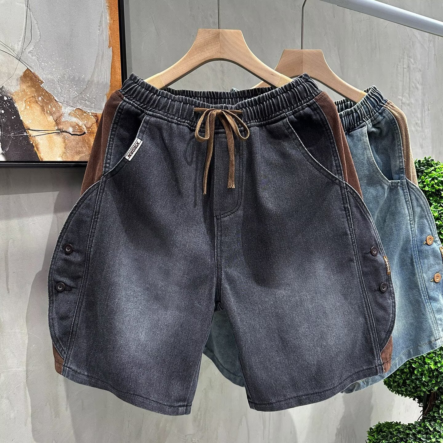 Men's Retro Distressed Denim Shorts Summer Casual Loose Fit Color Block Five Point Drawstring Elastic Waist Plus Size Mid-Length_mkmklike.com
