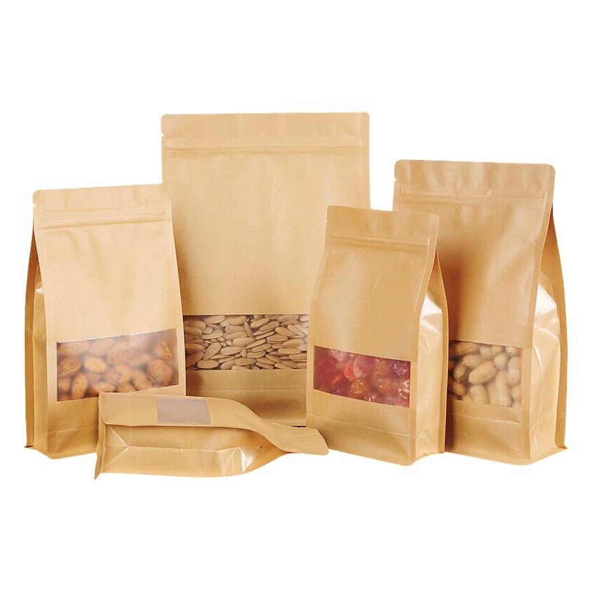 Пакеты-стойки из крафт-бумаги с окном, восьмигранные, светонепроницаемые, для снеков, орехов, чая, самозакрывающиеся, оптом.