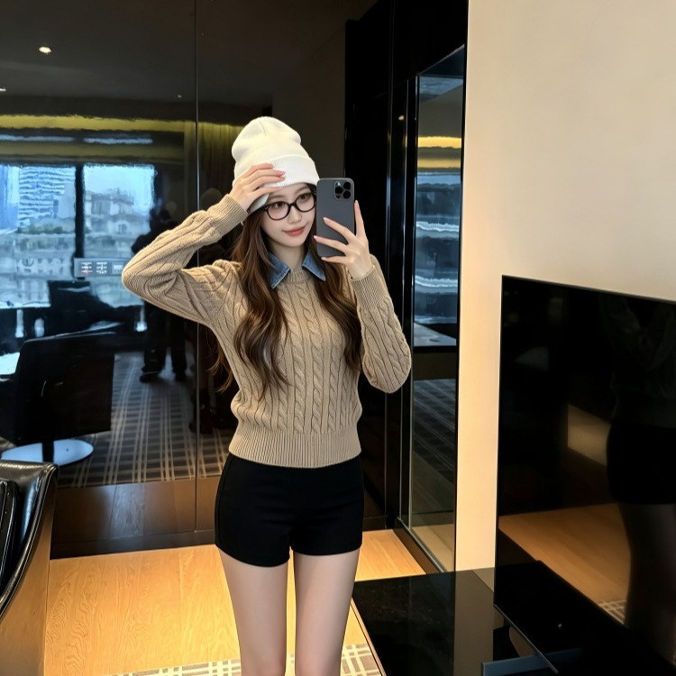 Miu-style preppy detachable collar faux two-piece cable knit sweater, autumn casual sweater