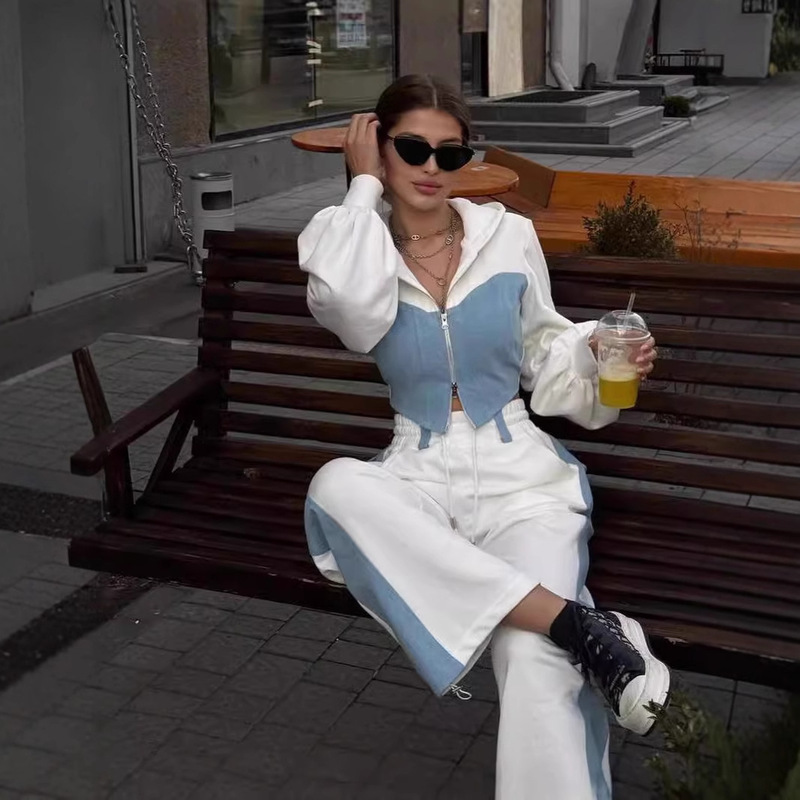 Cross-border European and American-style fashion casual sweater suit Denim stitching hooded top trousers two-piece women's clothing