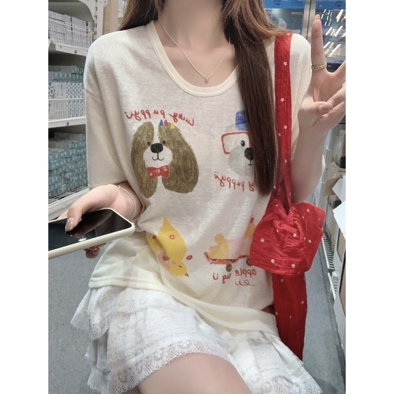 Summer 2026 Dog Print U-Neck Short-Sleeve T-Shirt for Women, Thin and Youthful, Casual and Lazy Style Inner Wear Top