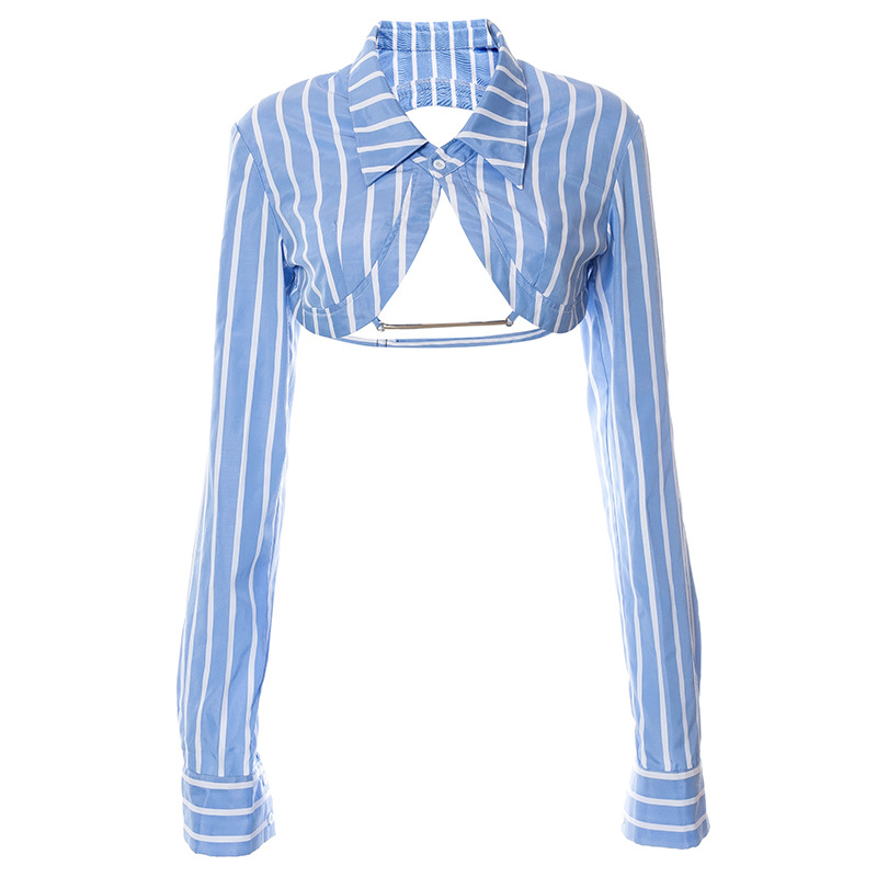 Lapel hollow Back Button Long Sleeve Striped Top nihaostyles clothing wholesale NSMG81150