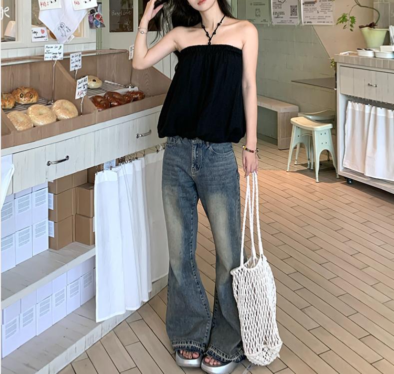 Áo croptop nữ đính cườm cổ yếm, thiết kế dáng nụ hoa ngắn, phong cách Hàn Quốc — màu đen chi tiết 12