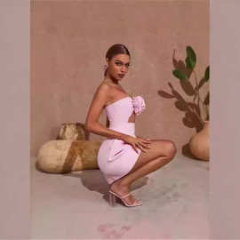 2024夏季新亚马逊欧美热卖性感成熟一字领胸花抹胸短裙连衣裙