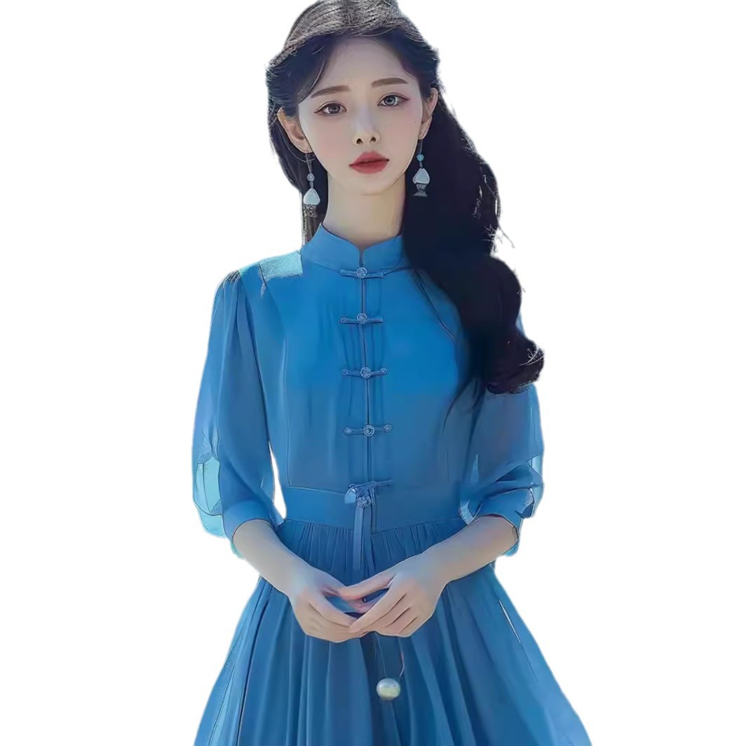 Đầm maxi nữ phong cách Trung Hoa nhẹ nhàng, sườn xám cách tân mùa hè, tay ngắn, thắt eo — Màu xanh lam