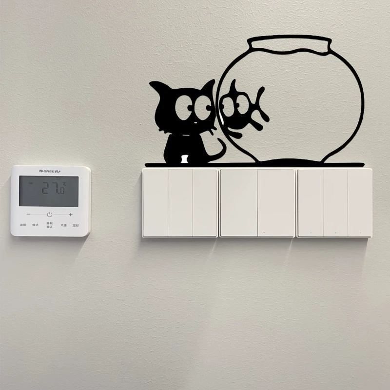 Настенное украшение с мультяшным котом и рыбой, простой и милый котенок, металлические поделки для гостиной, спальни, универсальное настенное украшение с котом