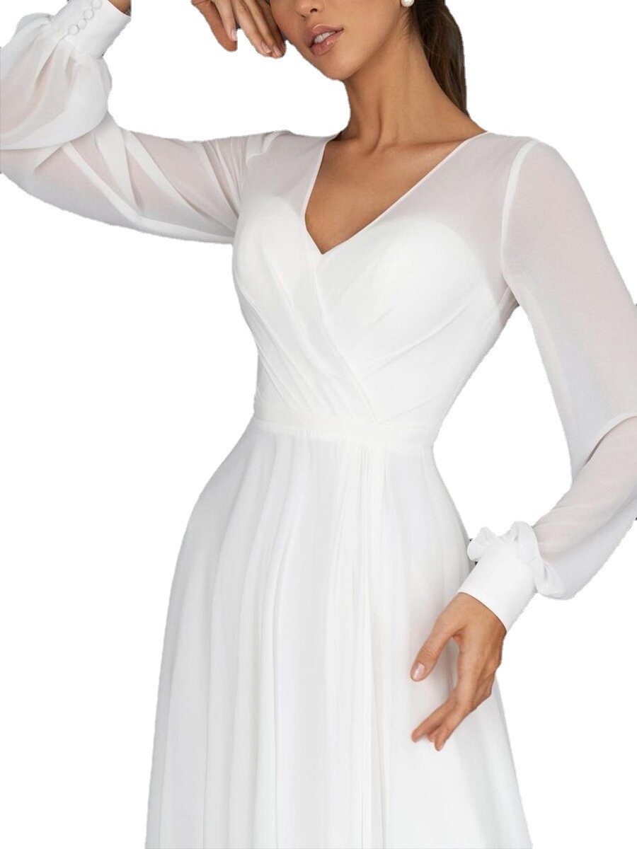 Vestido Largo de Mujer Primavera/Verano 2021, Estilo Europeo y Americano, Vestido de Gasa con Mangas Largas y Corte Evase, Sexy