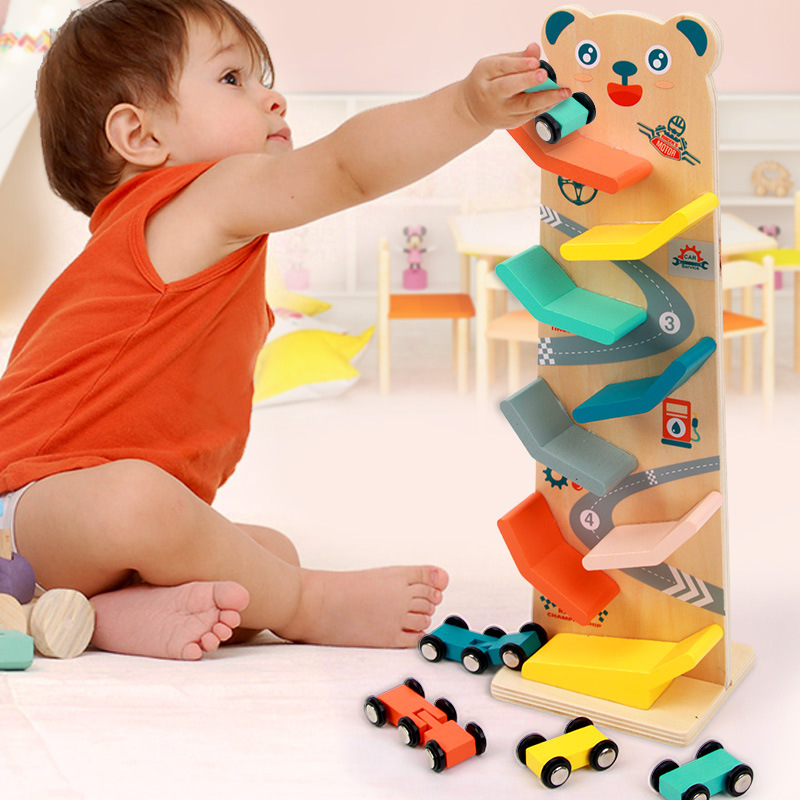 Niños de madera oso planeador niño educación temprana multi-capa pista deslizante pequeño coche de carreras de escritorio juguetes educativos interactivos