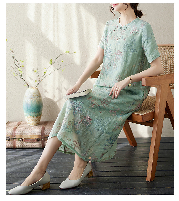 Modernes Chinesisches Cheongsam Baumwoll Leinen Stickkleid_voghion.com