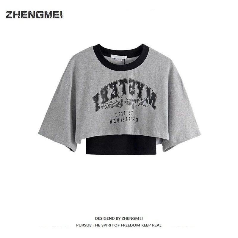 American Style Retro Trendy Letter Print Two-Piece Short-Sleeved T-Shirt Hot Girl Jazz Dance Loose Outer Wear Blouse for Women