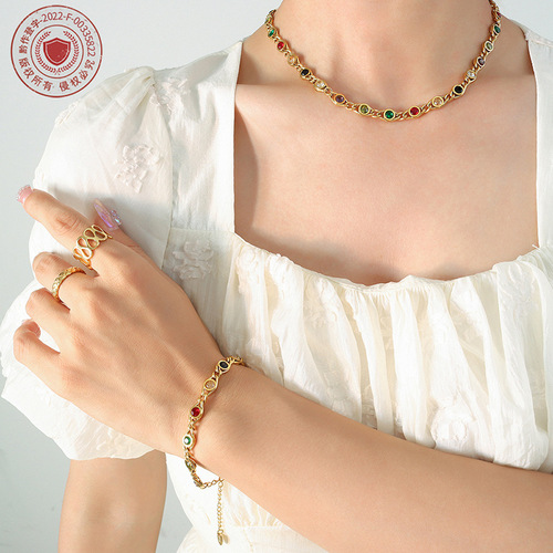 Elegant and Trendy Fish Eye Design Multicolored Zirconia Beaded Chain Necklace, Unique and Fashionable Copper Material Bracelet Set