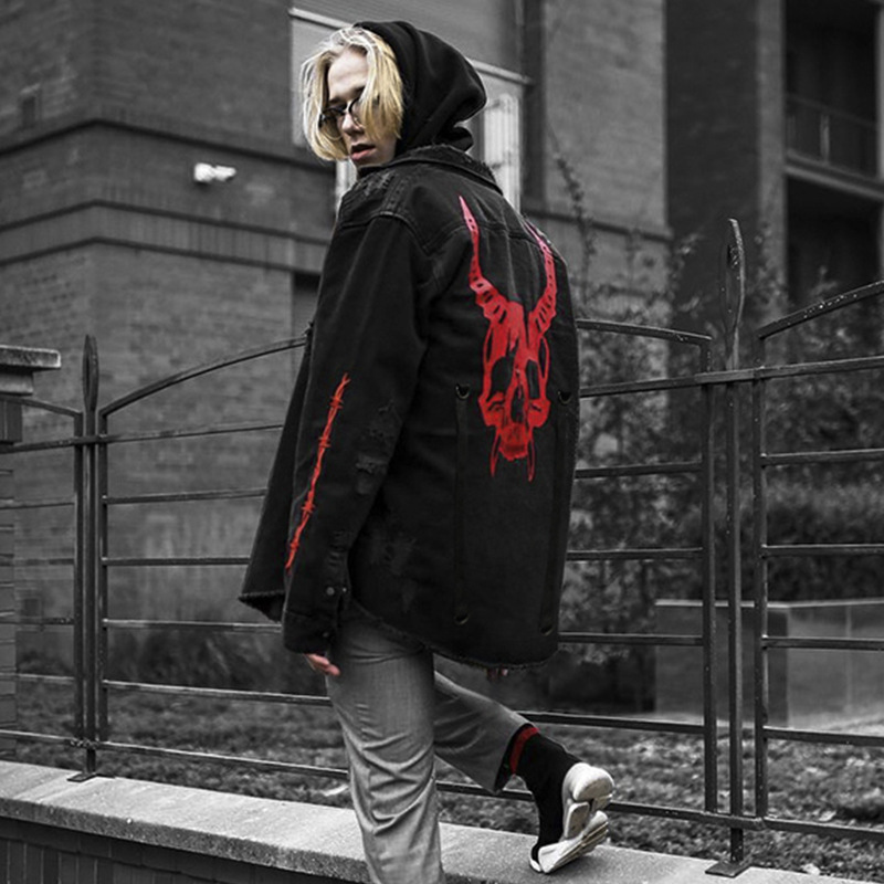 Cross-Border Men's Clothing Spring and Autumn Men's Jacket Korean Style Plus Size Trendy Brand Jacket Men's Skull Washed Denim Top