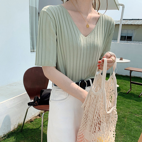 V-neck women's top  summer thin vertical stripe elegant simple pure color loose slimming knitted ice silk short-sleeved T-shirt