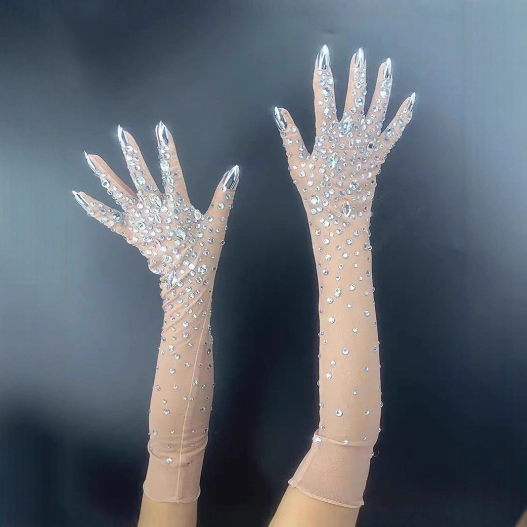 New Style Halterneck Bright Diamond Sexy Birthday Party Light Luxury Gloves Company Annual Meeting Evening Dress Rhinestone Mesh Gloves