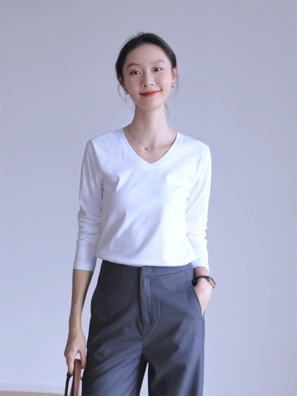 纯棉长袖T恤女修身外穿内搭v字领打底衫上衣春秋|undefined