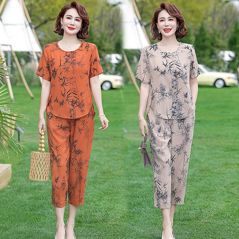 Летний повседневный костюм для матери среднего возраста, модный широкий женский летний костюм для женщин среднего и пожилого возраста, новый модный костюм