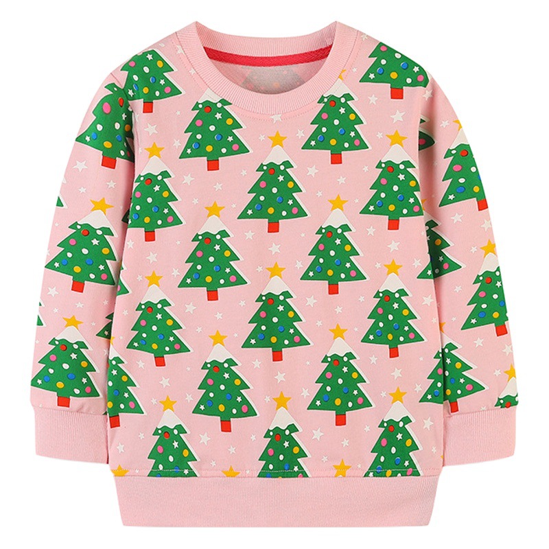 Sudaderas para niñas de estilo europeo y americano con estampado de árbol de Navidad, tops tipo jersey de manga larga, camisas modernas con cuello redondo para niñas para primavera y otoño.