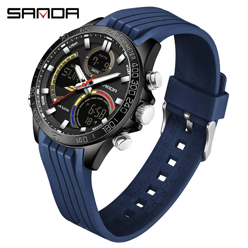 SANDA moda doble pantalla reloj electrónico para hombres multifuncional gran dial reloj de estudiantes de luz nocturna reloj de pulsera