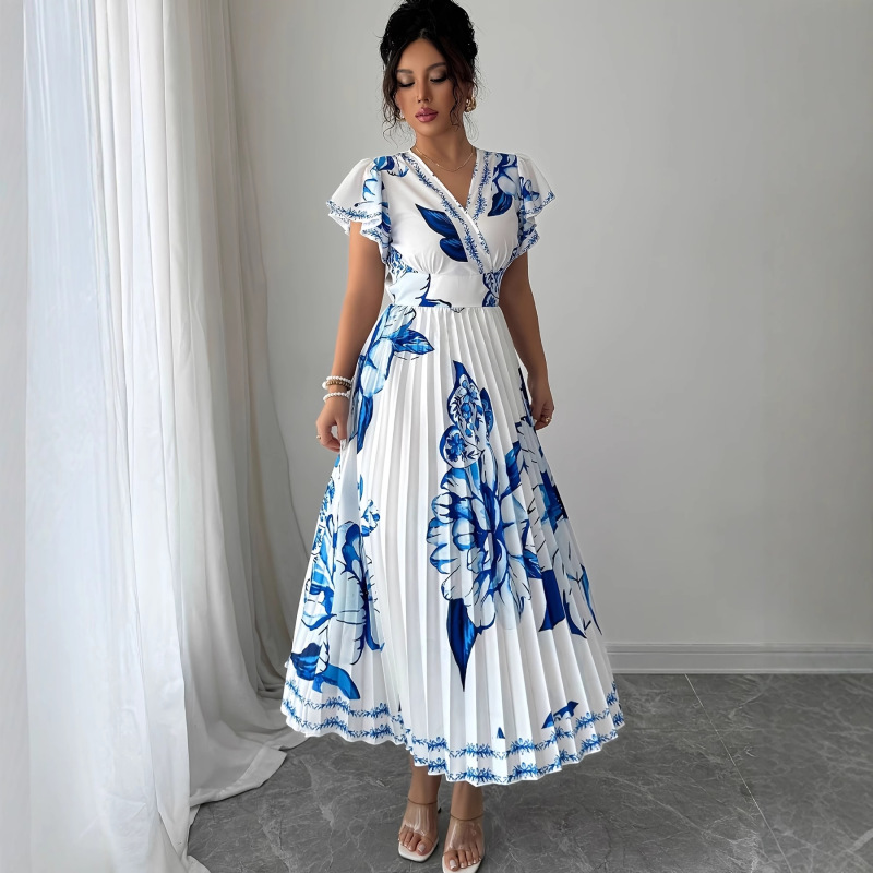 Elegant Cross-Border V-Neck Dress with Waist Slimming Look and Flying Sleeves Pleated Casual Mid-Length Skirt Factory Direct Sale Elegant Cross-Border V-Neck Dress with Waist Slimming Look and Flying Sleeves Pleated Casual Mid-Length Skirt Factory Direct Sale