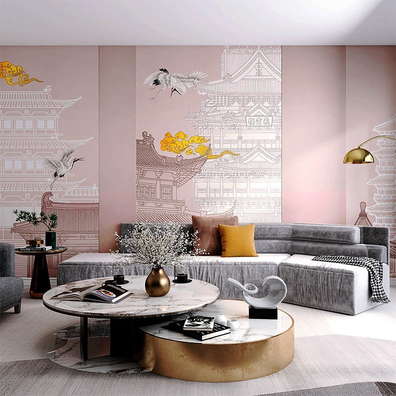 3d古风新中式手绘墙纸复古中国风装饰客厅电视背景墙壁纸茶室壁布