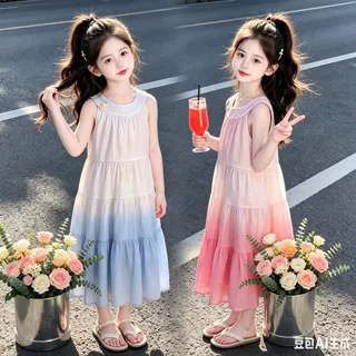 女童夏季挂脖连衣裙2026新款洋气夏装渐变色裙子初中生女孩公主裙