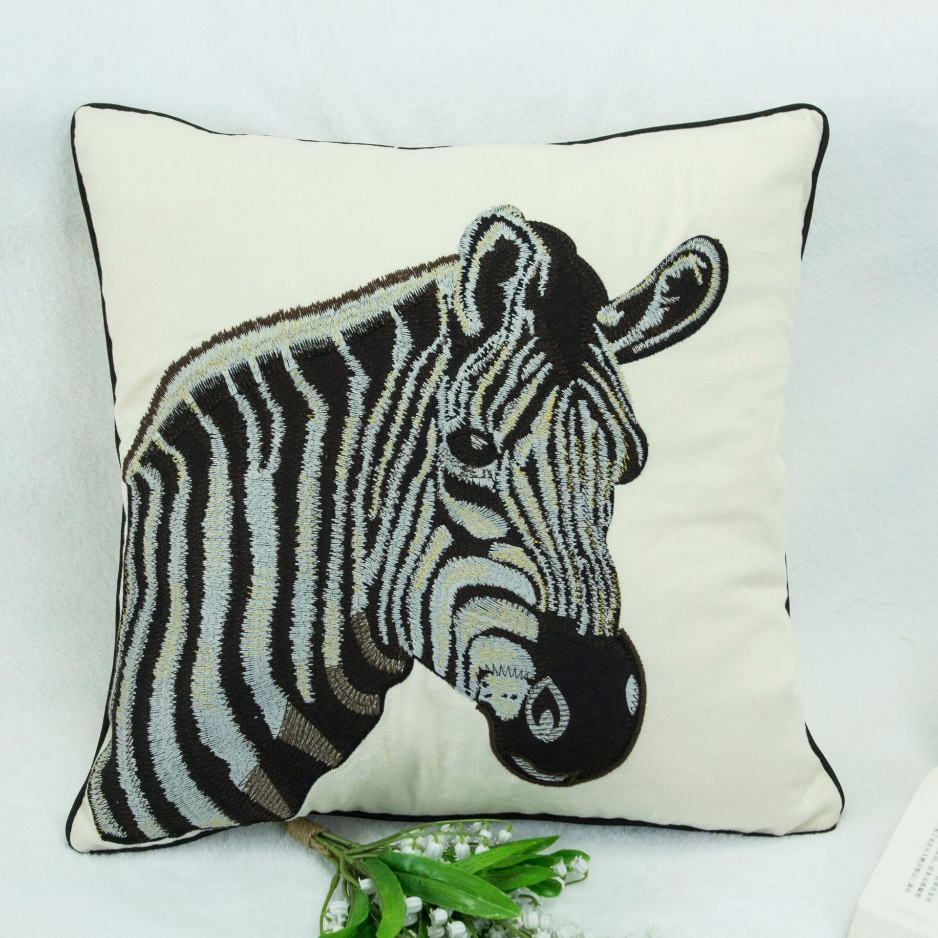Ins Nordic Light Luxury Pillowcase Embroidered Zebra Head Bicycle Banana Leaf Sofa Living Room Model Room Universal
