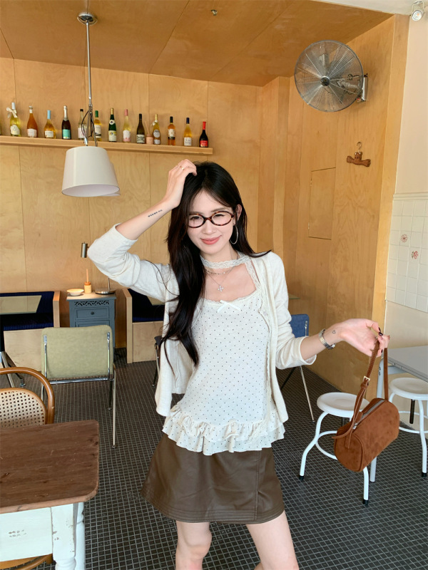 韩系甜美套装开衫短款小外套女秋季荷叶边飘带波点吊带背心两件套|undefined