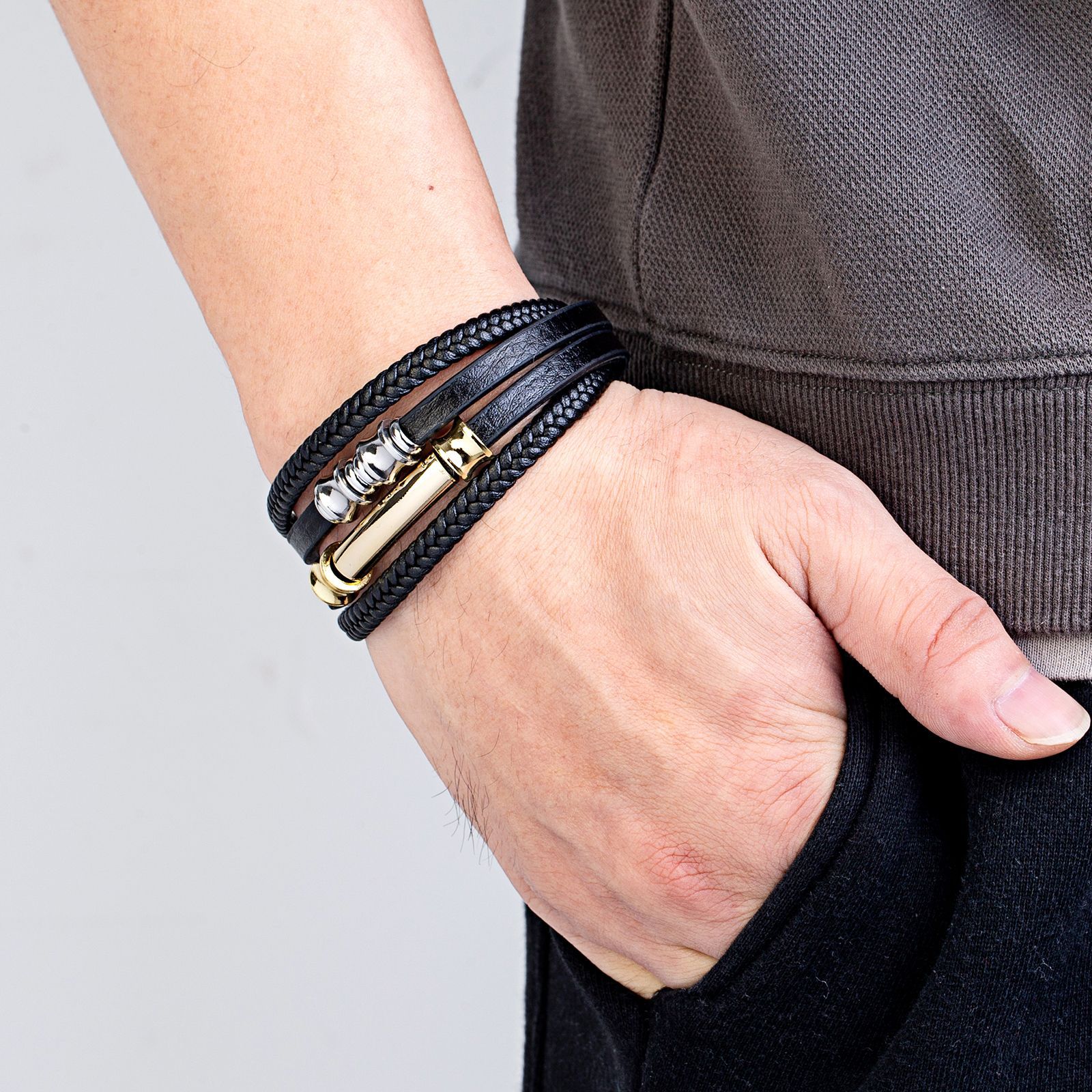Retro Style Retro Geometric 304 Stainless Steel Pu Leather Layered Men's Bangle Men Cord & Leather Bracelets