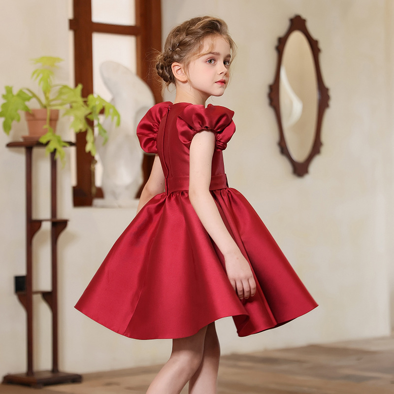 Nuevo vestido de vestir para niños, vestido de princesa con mangas abullonadas para niñas europeas y americanas transfronterizas, vestido de satén para niños, traje de fiesta de alta gama