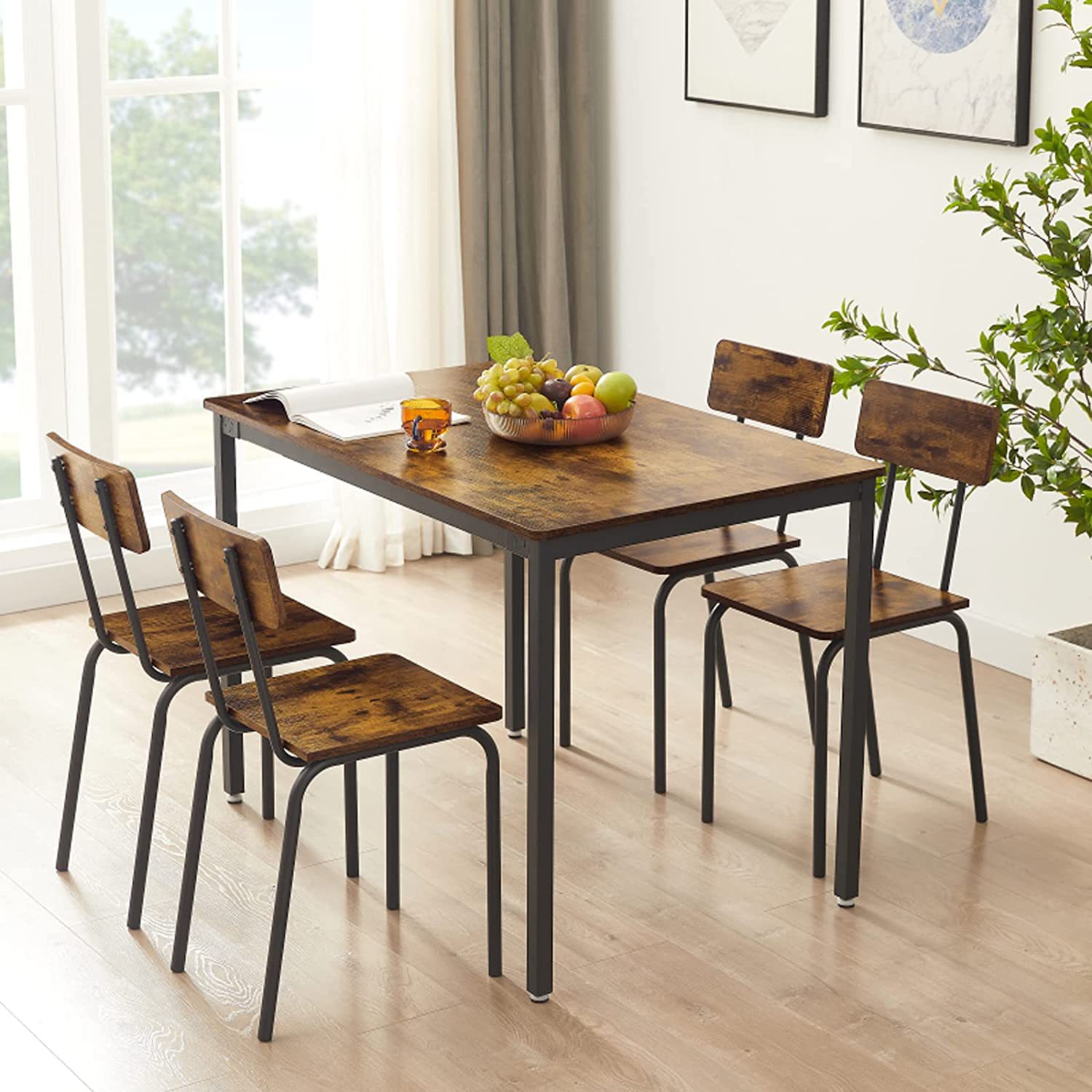 Household Dining Table Chair Set One Table Four Chairs Retro Brown Steel Wood Structure Restaurant Furniture Can Be Customized to Map