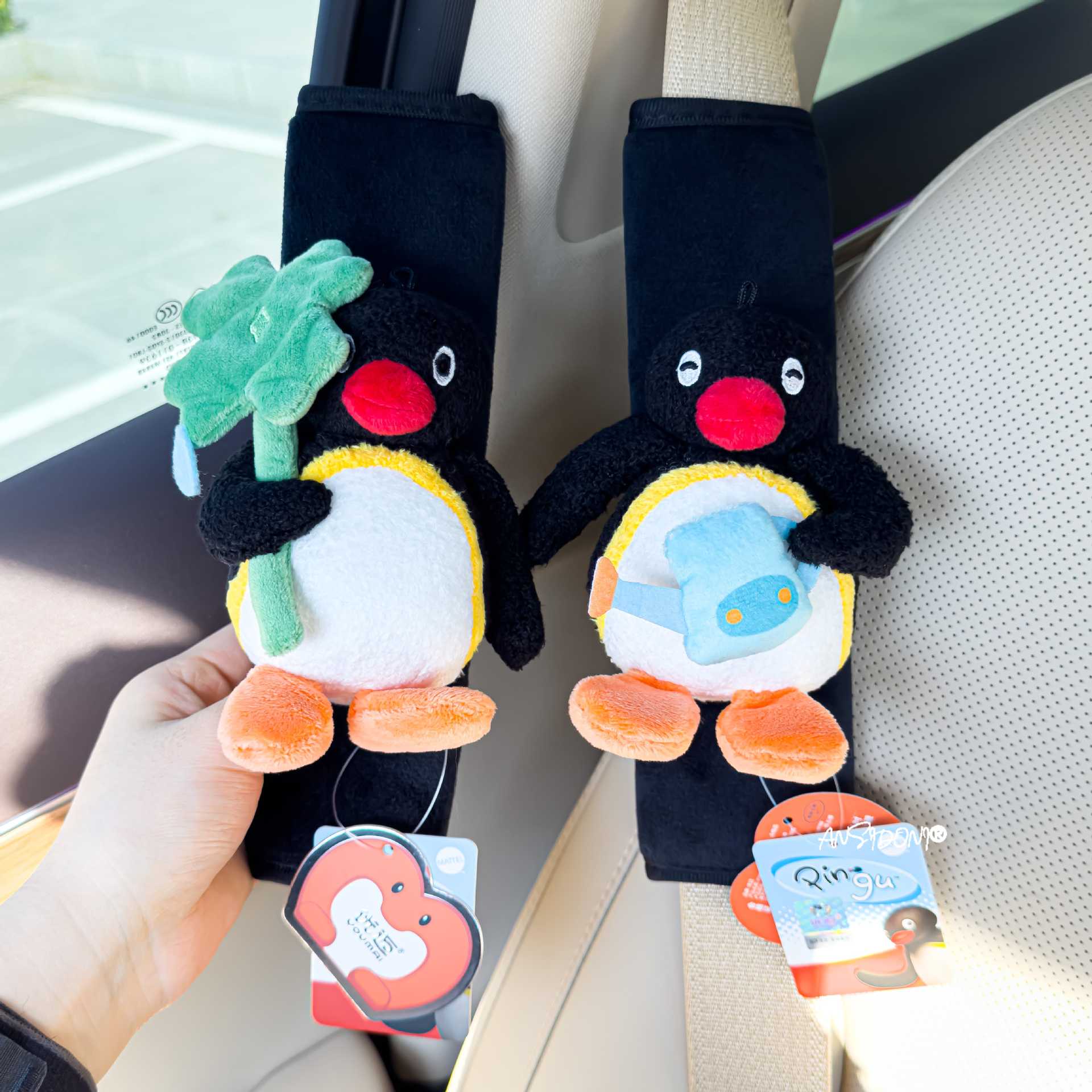 Authentic Pingu Doll Car Seatbelt Shoulder Pad, Cute Penguin Family Car Seatbelt Protector for Children, Prevents Neck Strangulation
