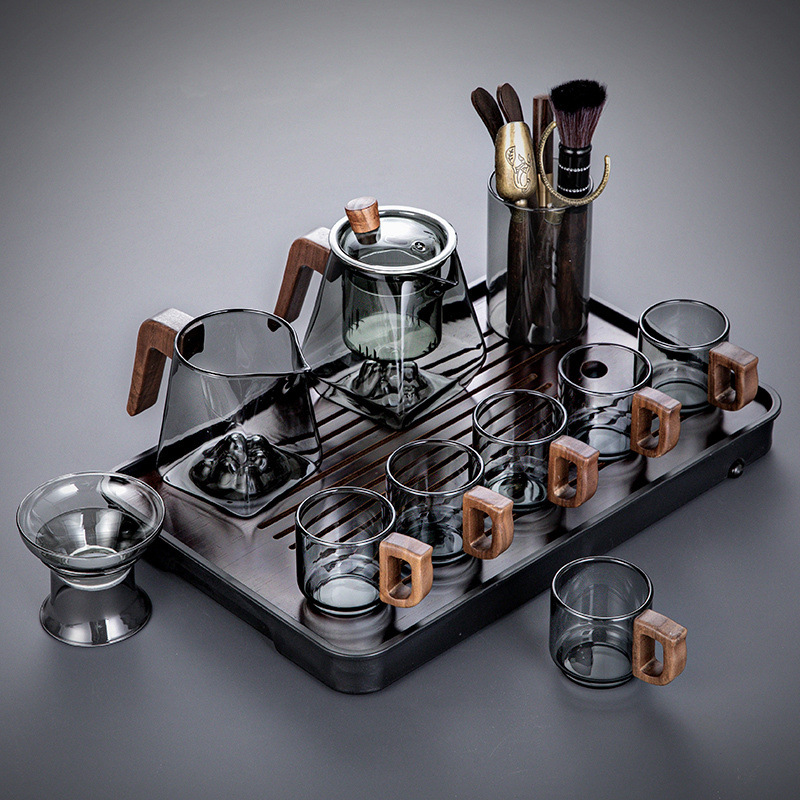 11 회색(관산냄비) 무유 6잔 + 다도 + 긴 검정 접시