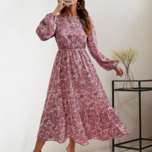 亚马逊速卖通2025年欧美跨境新款长袖小碎花收腰长款女士连衣裙