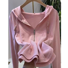 Mo02 # デザイン感小衆ファスナー帽子付きtシャツ女性秋冬不規則ショート長袖ボトムシャツ女性上着