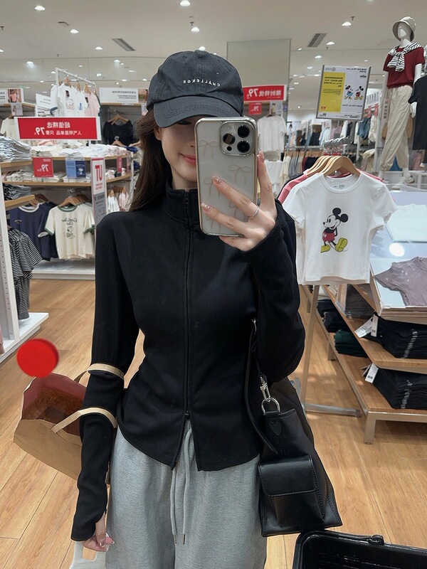 黑色立领双拉链长袖卫衣女秋季新款韩系修身显瘦设计感小众外套潮|undefined