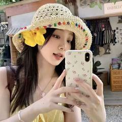 彩色雅风珠子草帽可折叠田园风手工遮阳草帽户外沙滩遮阳防晒女帽