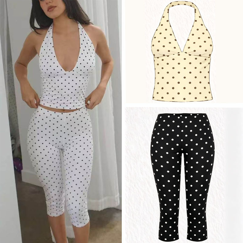 Foreign trade printed stretch fabric with chest pads, polka dot halter neck V-neck tank top + cropped pants sports cycling set with bra Foreign trade printed stretch fabric with chest pads, polka dot halter neck V-neck tank top + cropped pants sports cycling set with bra