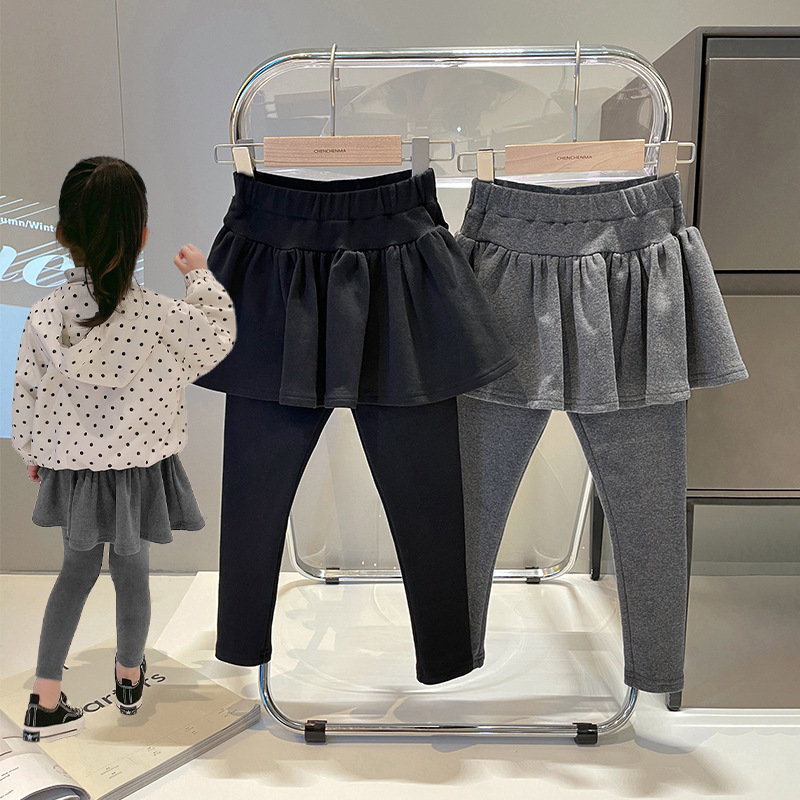 高品质女童假两件加绒裙裤秋冬儿童黑色加厚保暖打底裤一体绒长裤