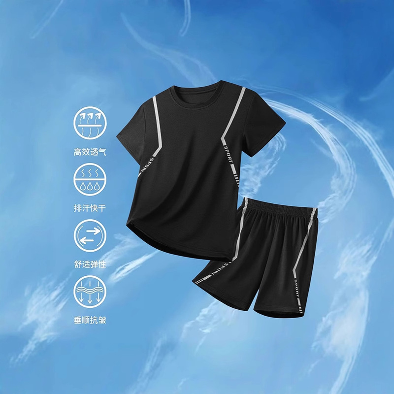Summer Middle and Large Children's Suit Short-Sleeved Sports and Leisure Reflective Printing Quick-Drying Light Oxygen Summer Breathable Basketball Football Shirt