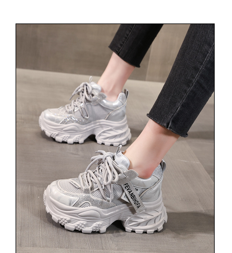Giày sneaker nữ chunky đế dày tăng chiều cao đính đá rhinestone phong cách thể thao — Màu súng chi tiết 12